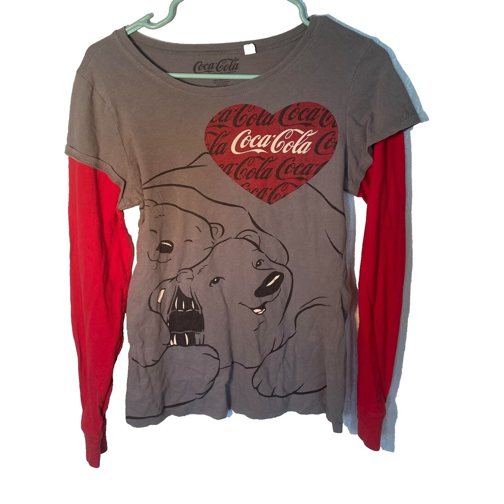 Coca Cola Polar Bear and Cub Gray Tee with Red Long Sleeves Size XL